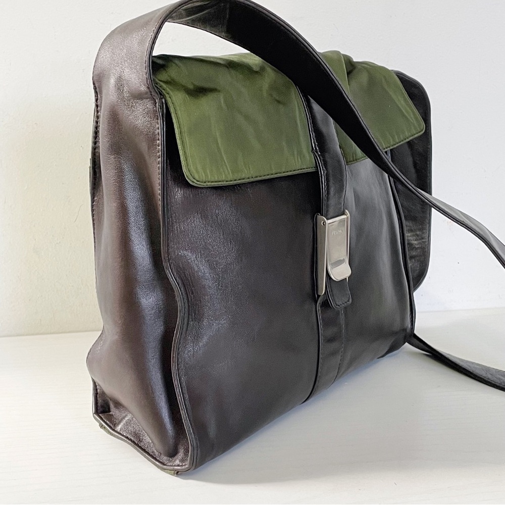 ❤️SOLD❤️Prada rare 90s brown nappa leather green Tessuto nylon shoulder bag - Picture 5 of 15